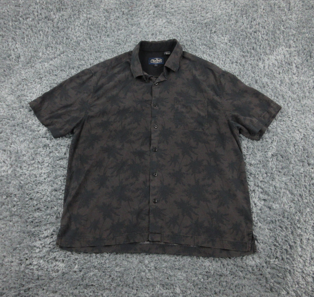 Nat Nast Shirt Mens Large Black Palm Tree Silk Cotton Hawaiian Button Up Casual